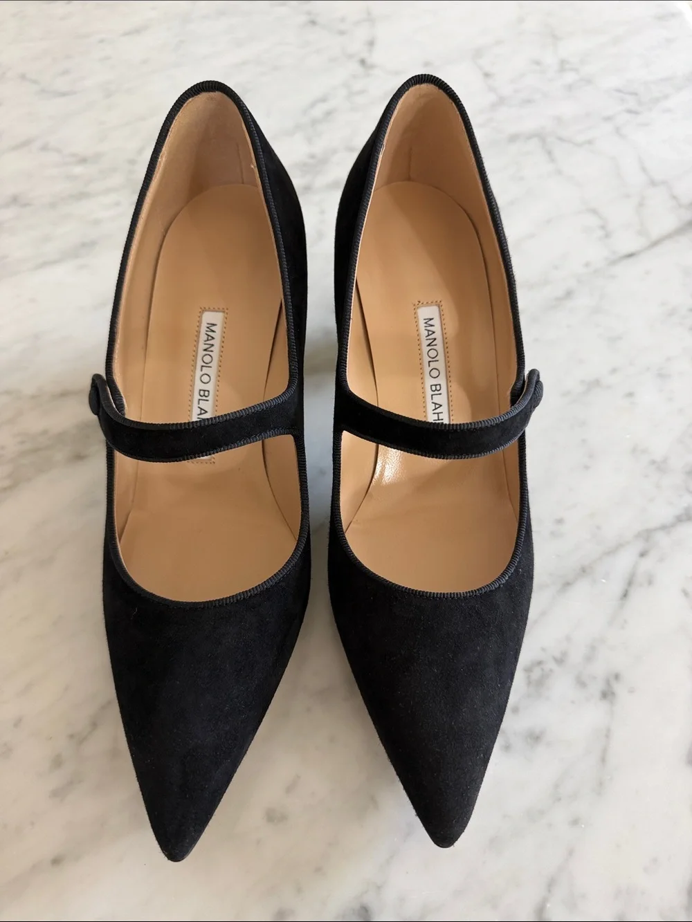 NWT Manolo Blahnik Black Suede Campariba Mary Jane Pointed Pumps size 37